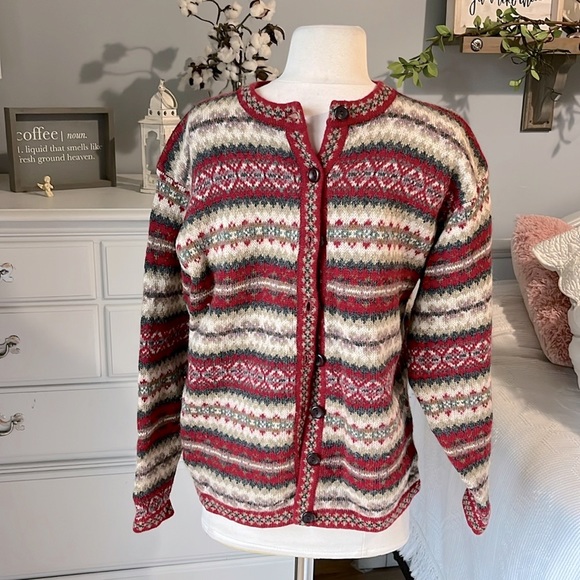 Vintage Crystal Kobe Shetland Wool Sweater Nordic Red Fair Isle Womens Small - Picture 3 of 16